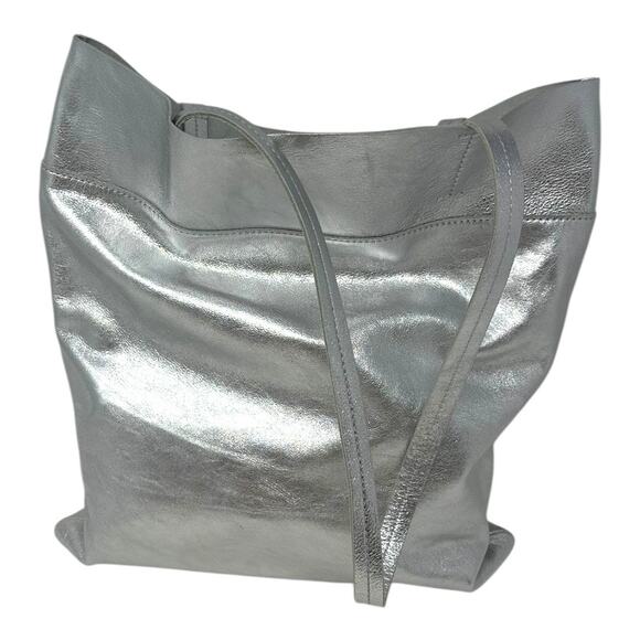 Madewell Silver The Magazine Leather Tote Bag Metallic Shoulder - Picture 9 of 10